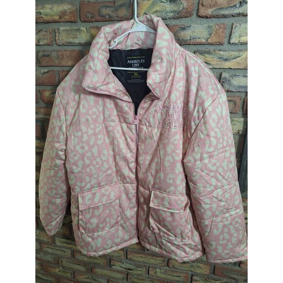 A$$ HOLES LIVE FOREVER Pink Puffer Jacket Size XL UNISEX - Picture 1 of 7
